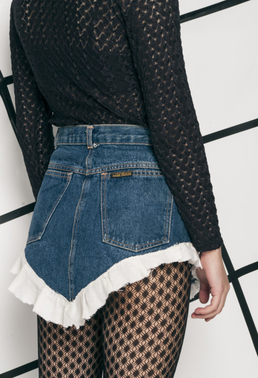 80s vintage denim mini skirt w frayed frill hem Pop Sick Vintage
