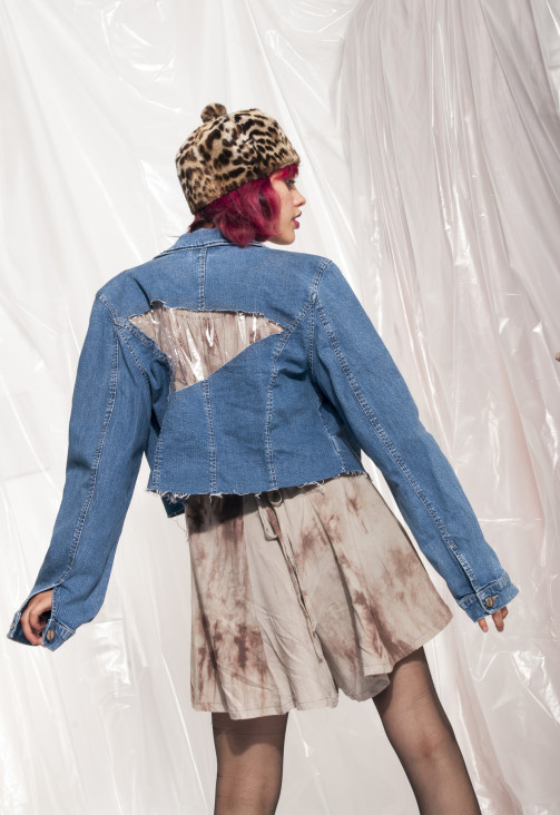 Vintage crop denim jacket Reworked clear vinyl PVC open back Pop Sick Vintage