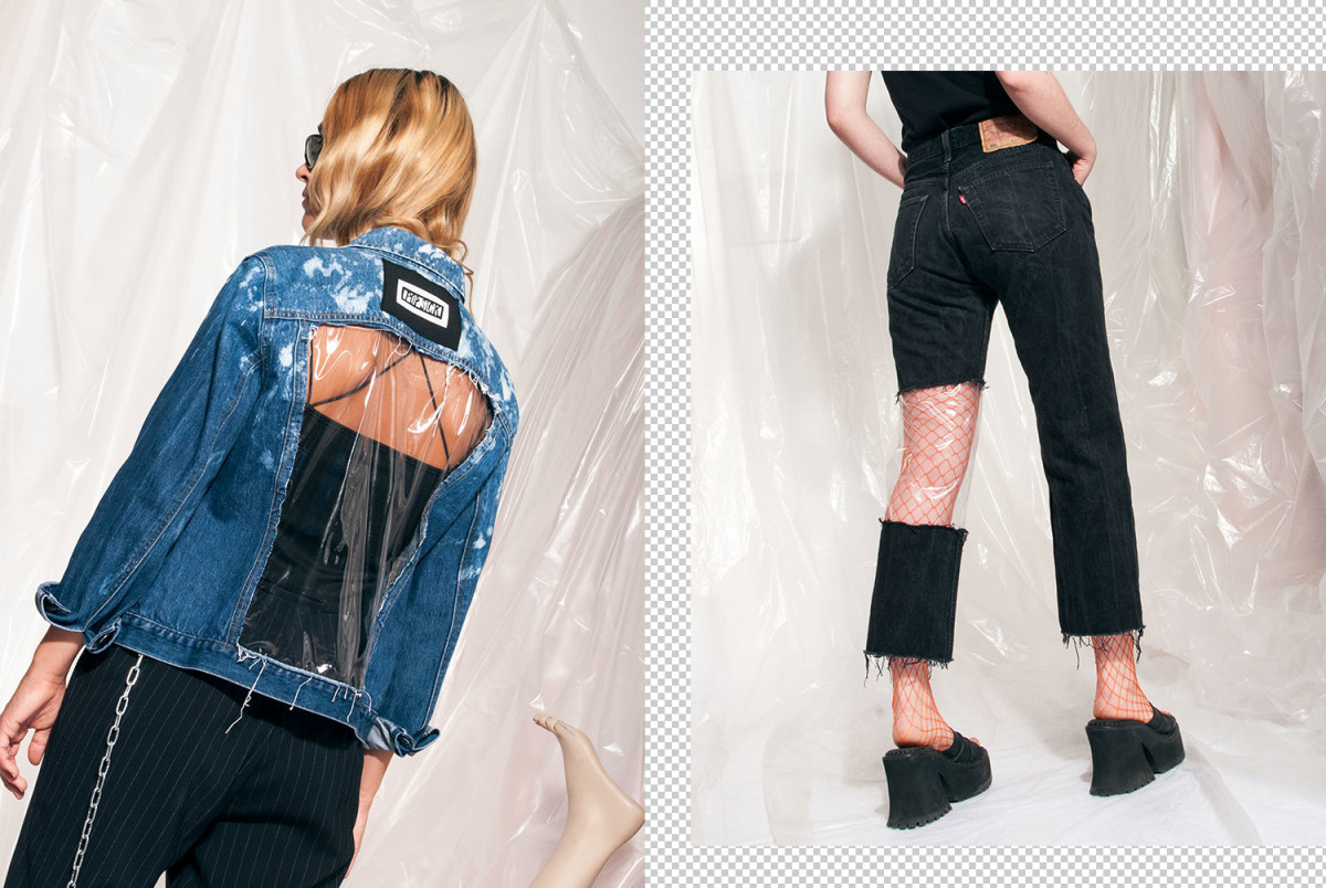 Reworked jeans and denim jacket with see-through PVC panel