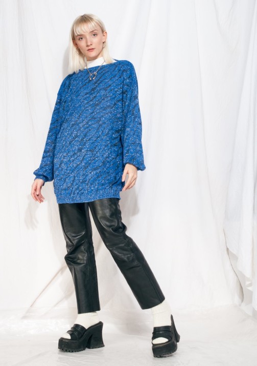 Vintage knit jumper 80s shiny blue long chunky sweater Pop Sick Vintage