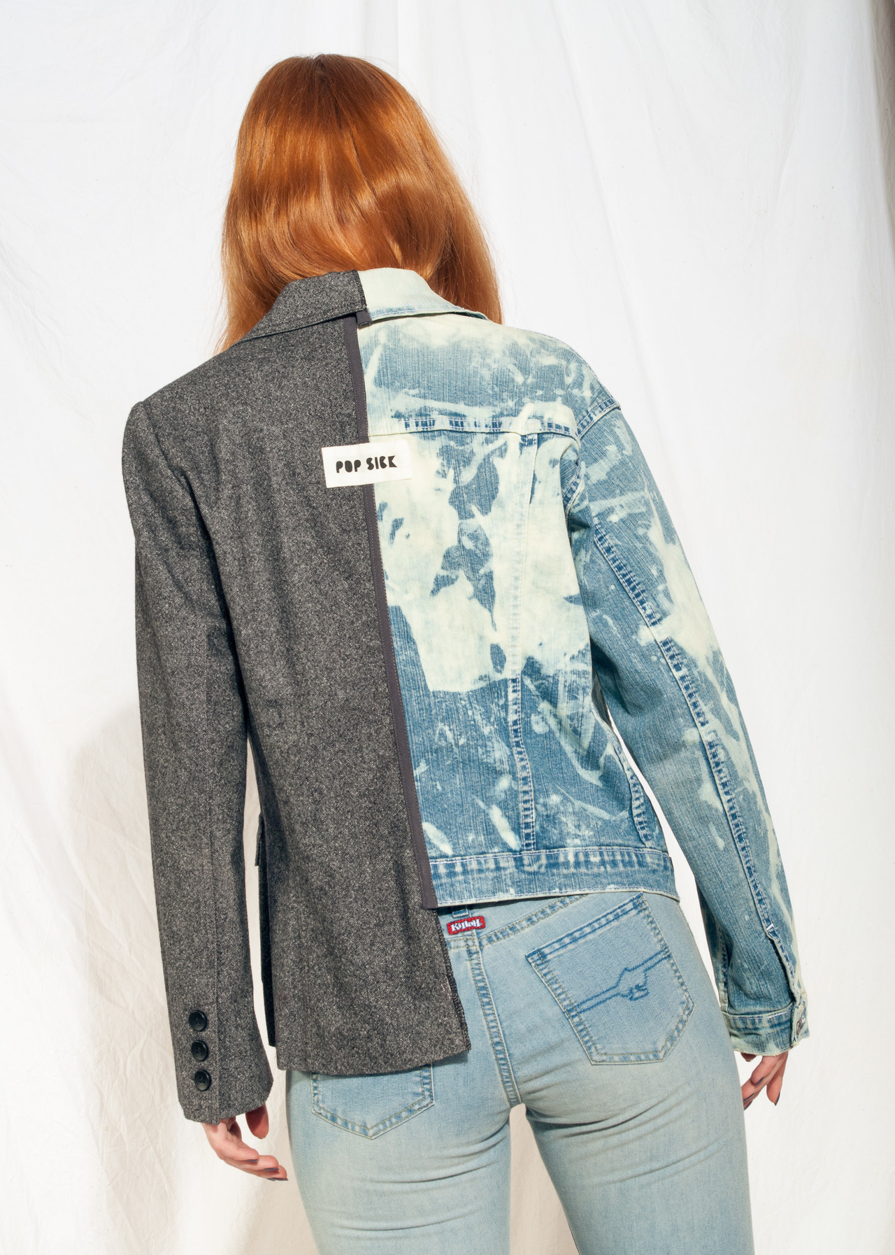 Vintage Half Blazer 90s Reworked Bleach Dye Denim Jacket Pop Sick Vintage
