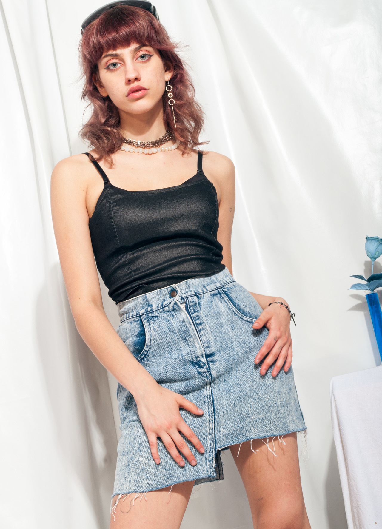 Strappy Waist Studded Detail Mini Skirt In Grey Acid Wash Denim | EGO
