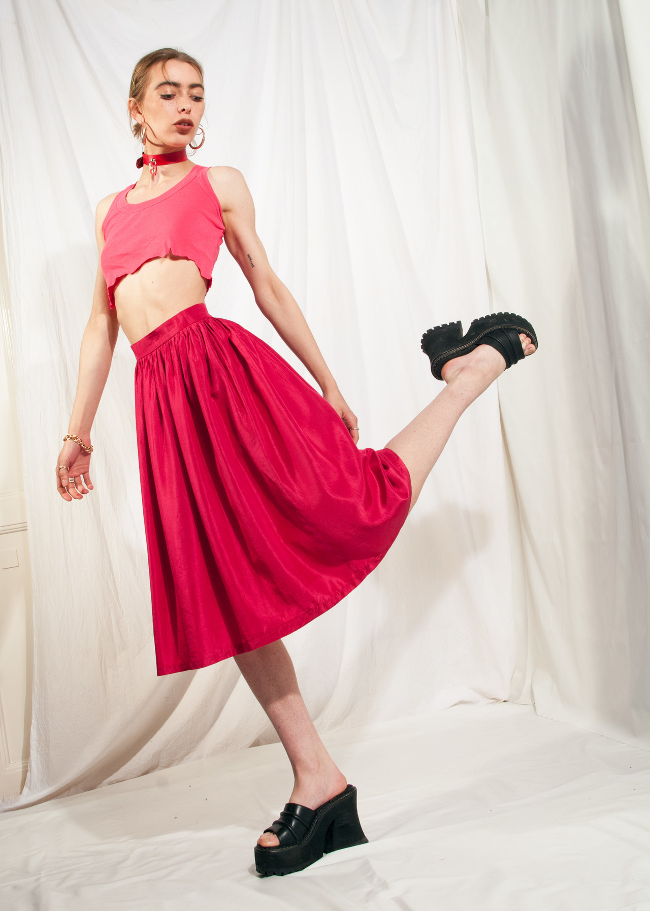 red silk skirt outfit