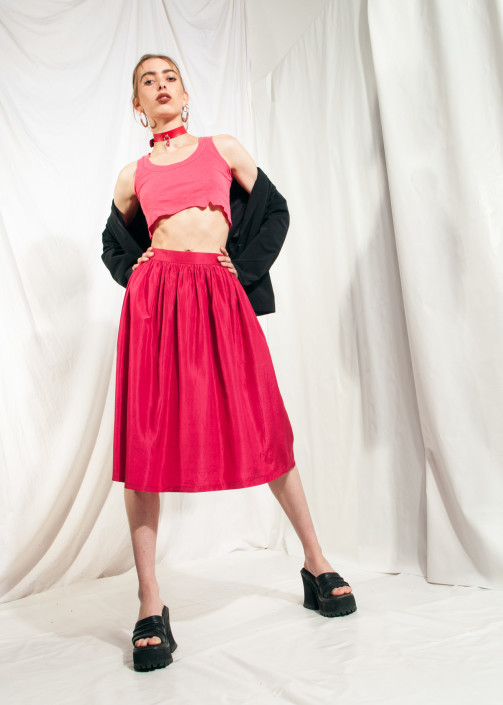 red silk skirt outfit