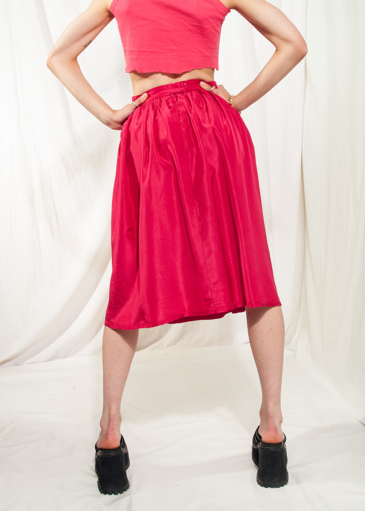 red silk skirt outfit