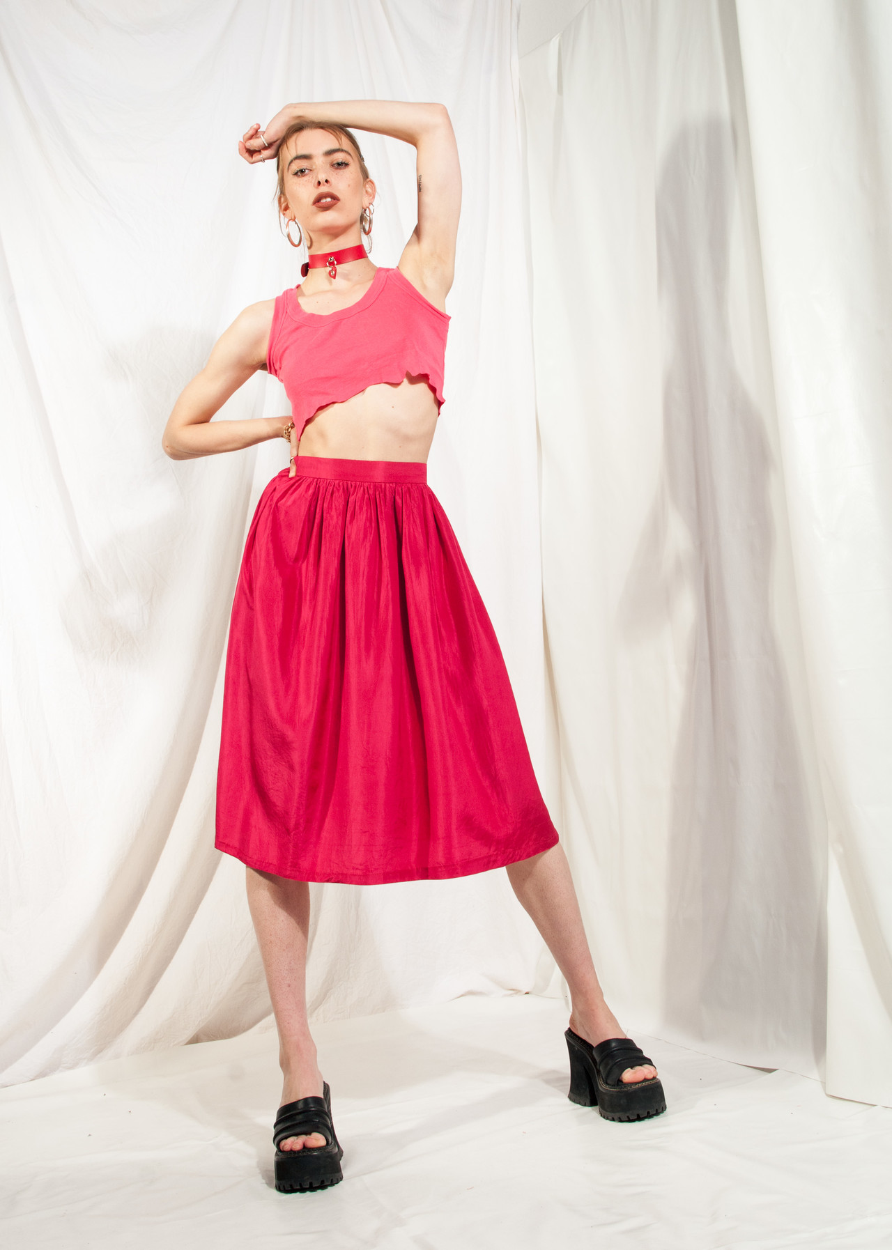 red silk skirt outfit