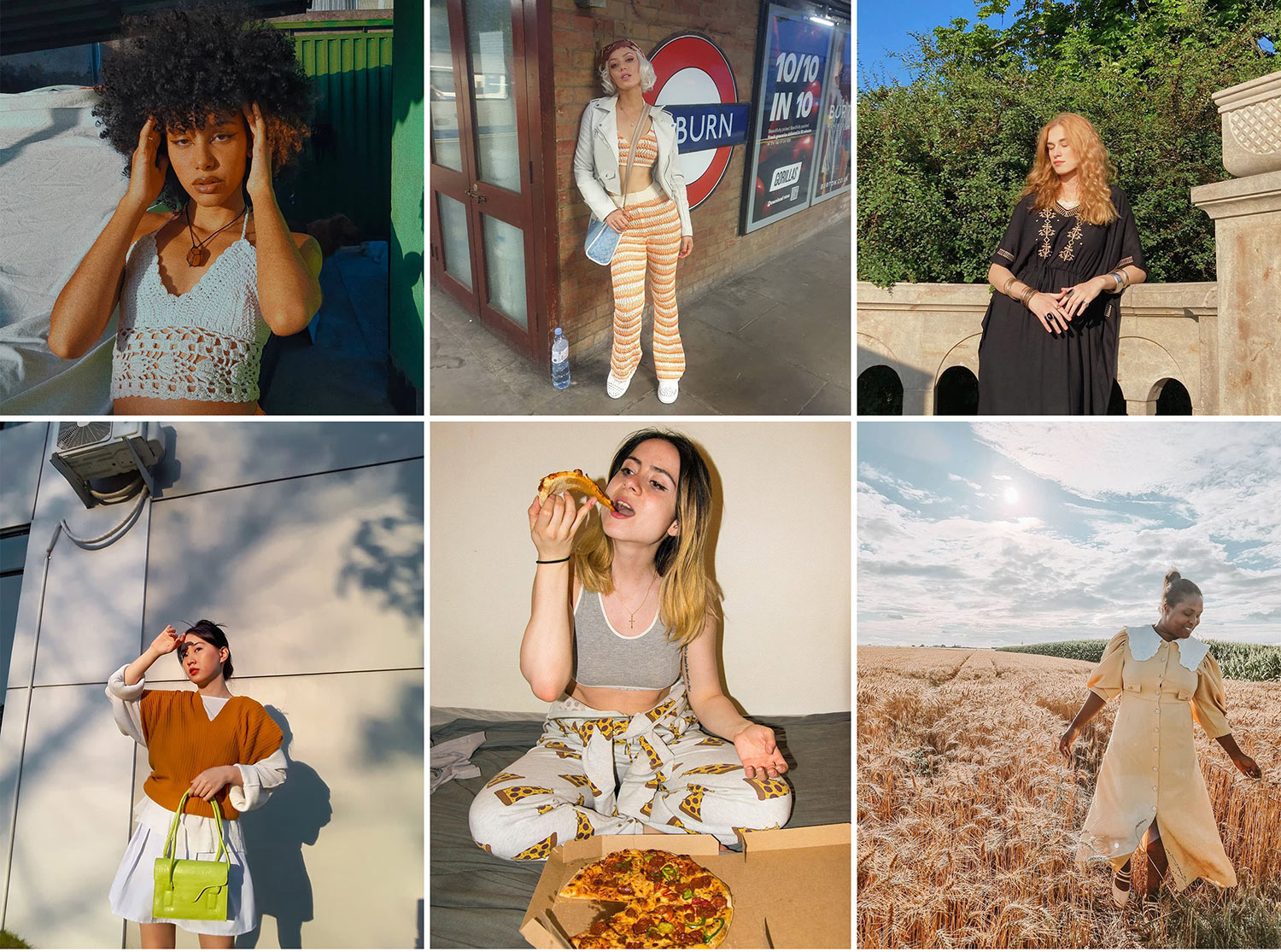 Collage with six photos showing girls wearing vintage aesthetic clothes