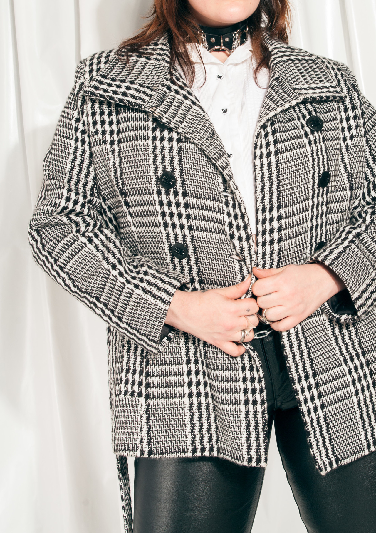 Vintage Winter Coat 90s Grey Houndstooth Plaid Grunge Jacket
