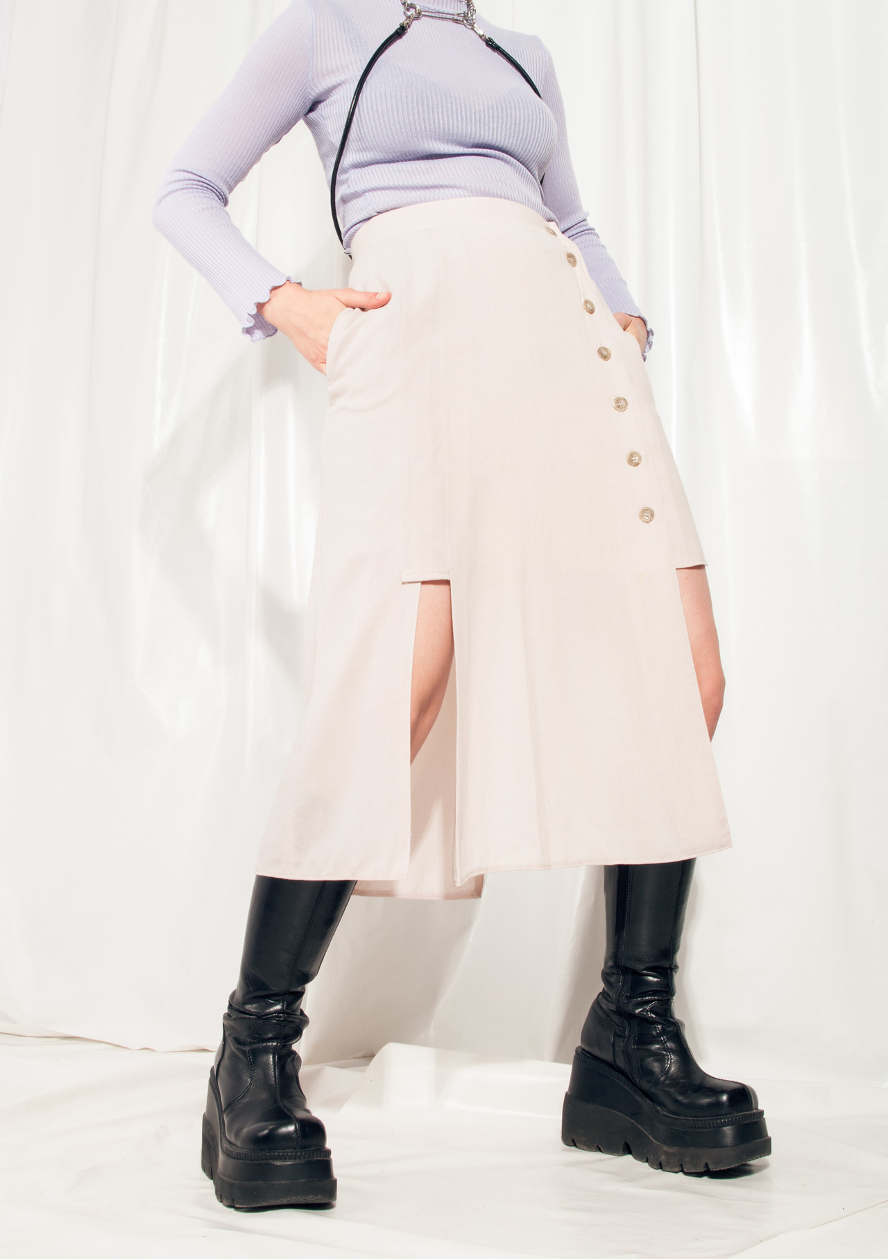 Reworked Vintage Skirt 80s High Rise Asymmetric Midi Beige – Pop Sick ...