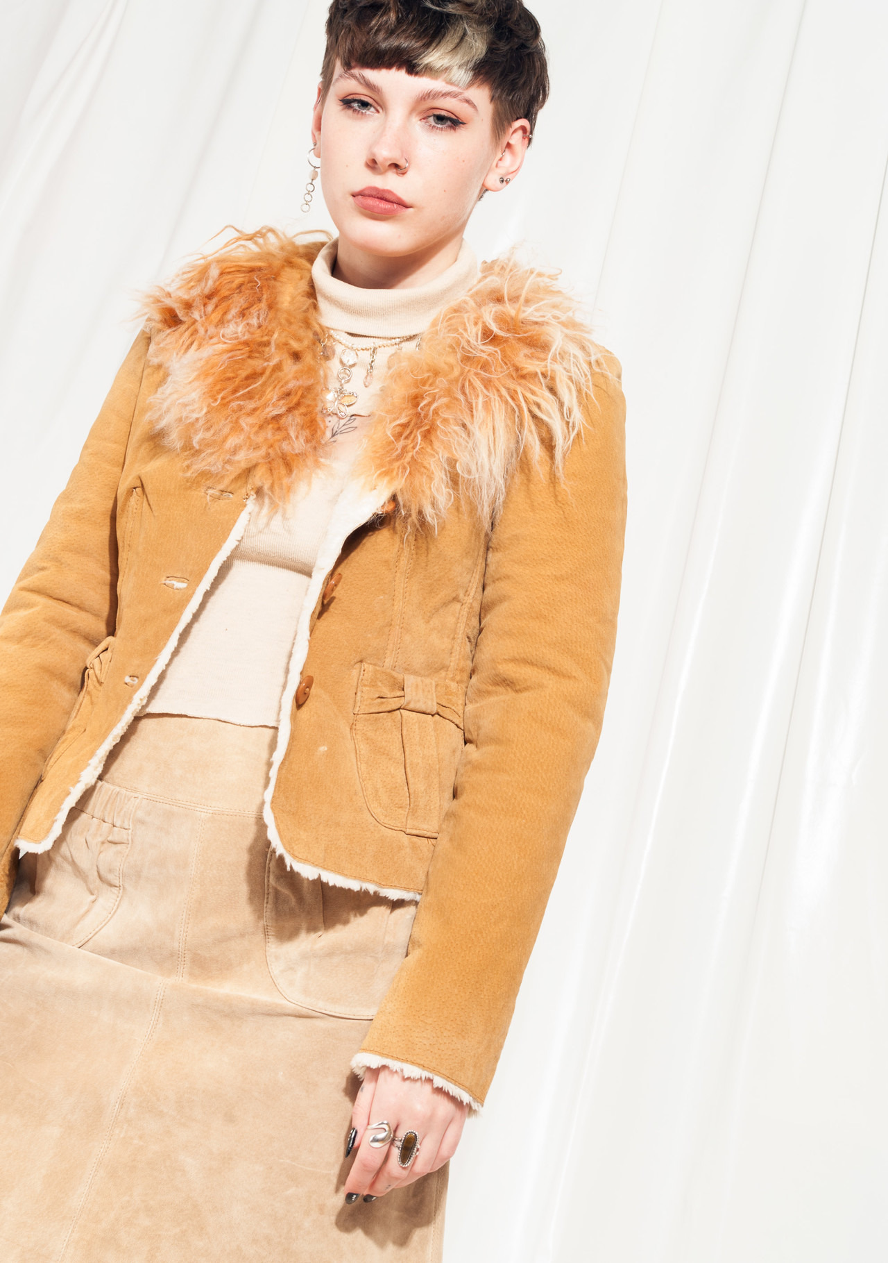 Vintage Leather Jacket Y2K Real Fur Collar Suede Blazer Coat – Pop