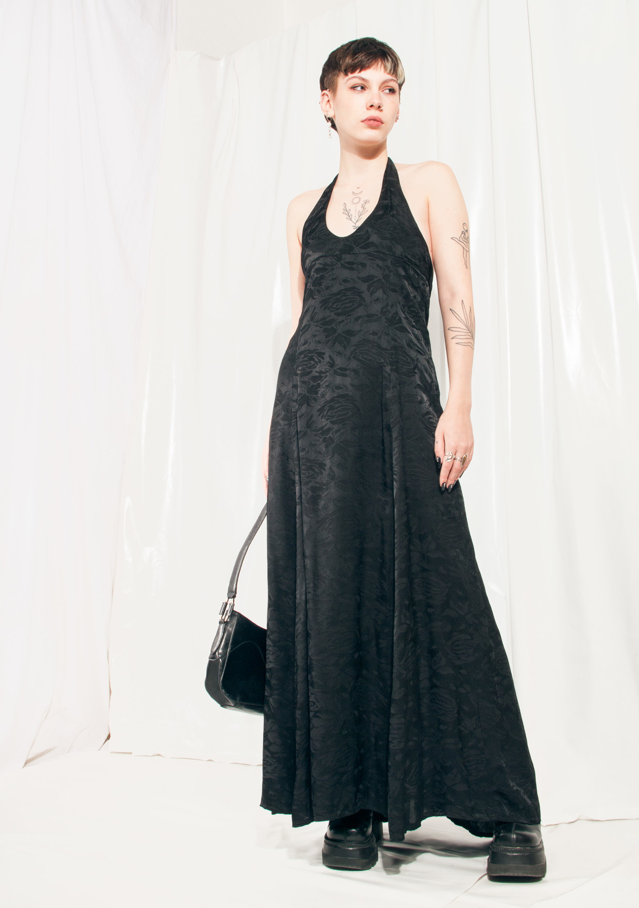 long black halter neck evening dress