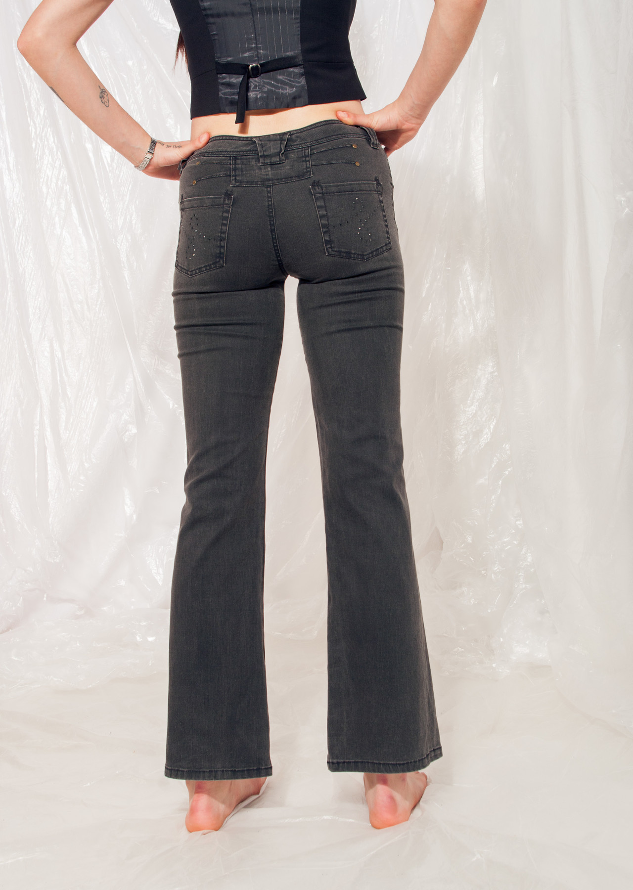 Vintage Flare Jeans Y2K Rhinestone Trousers in Grey Denim – Pop Sick ...
