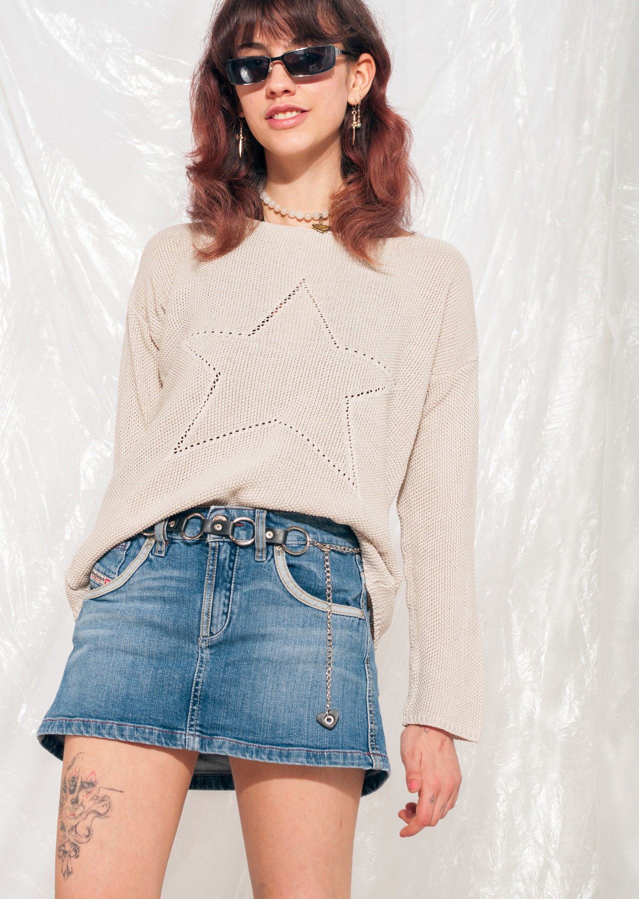Vintage Knit Jumper Y2K Star Sweater in Beige Cotton Pop Sick Vintage