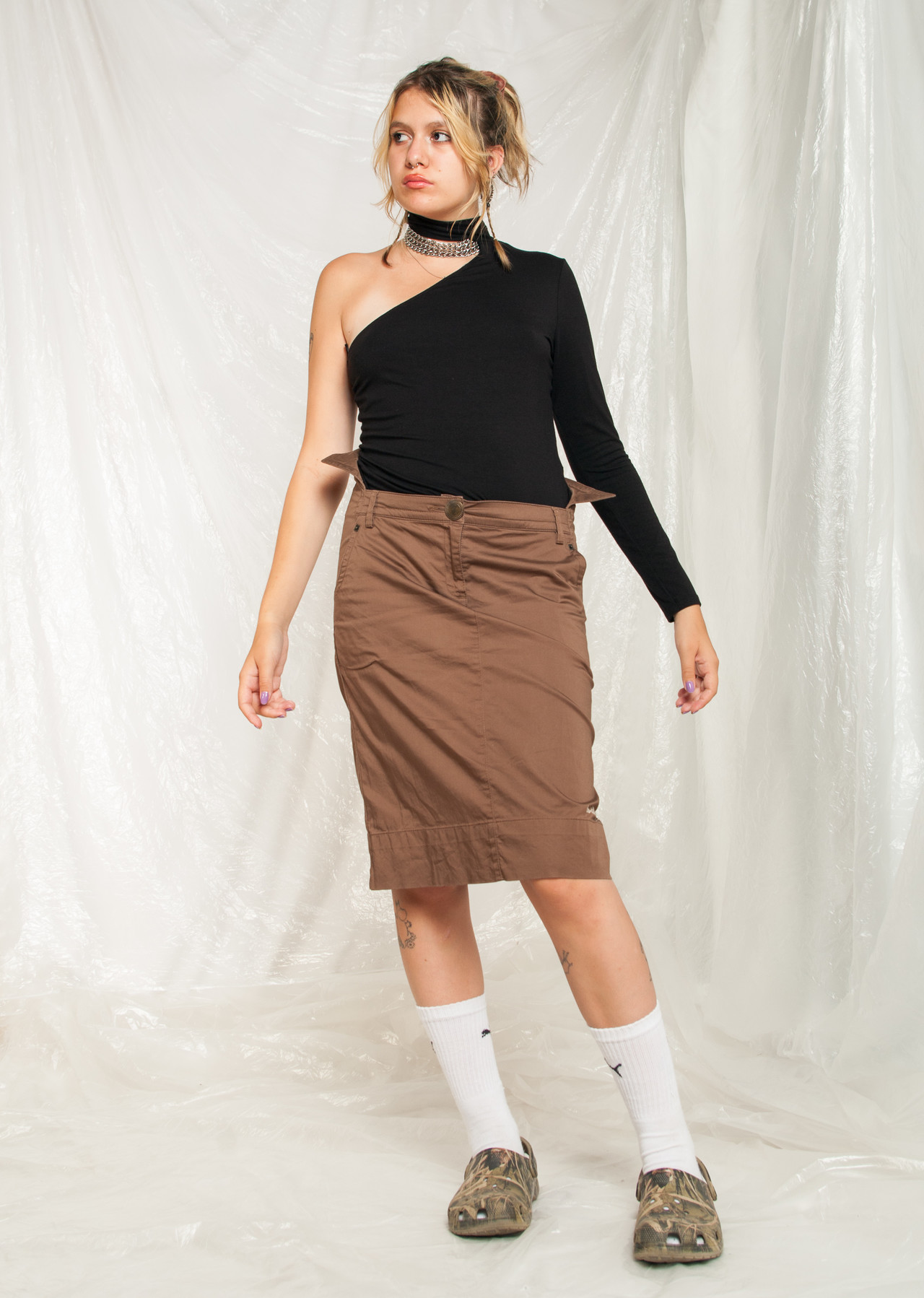 cop copine コップコピーヌ スカート グレー y2k 00s ステッチ Gorgeous striped Cop Copine midi skirt with zip | Depop