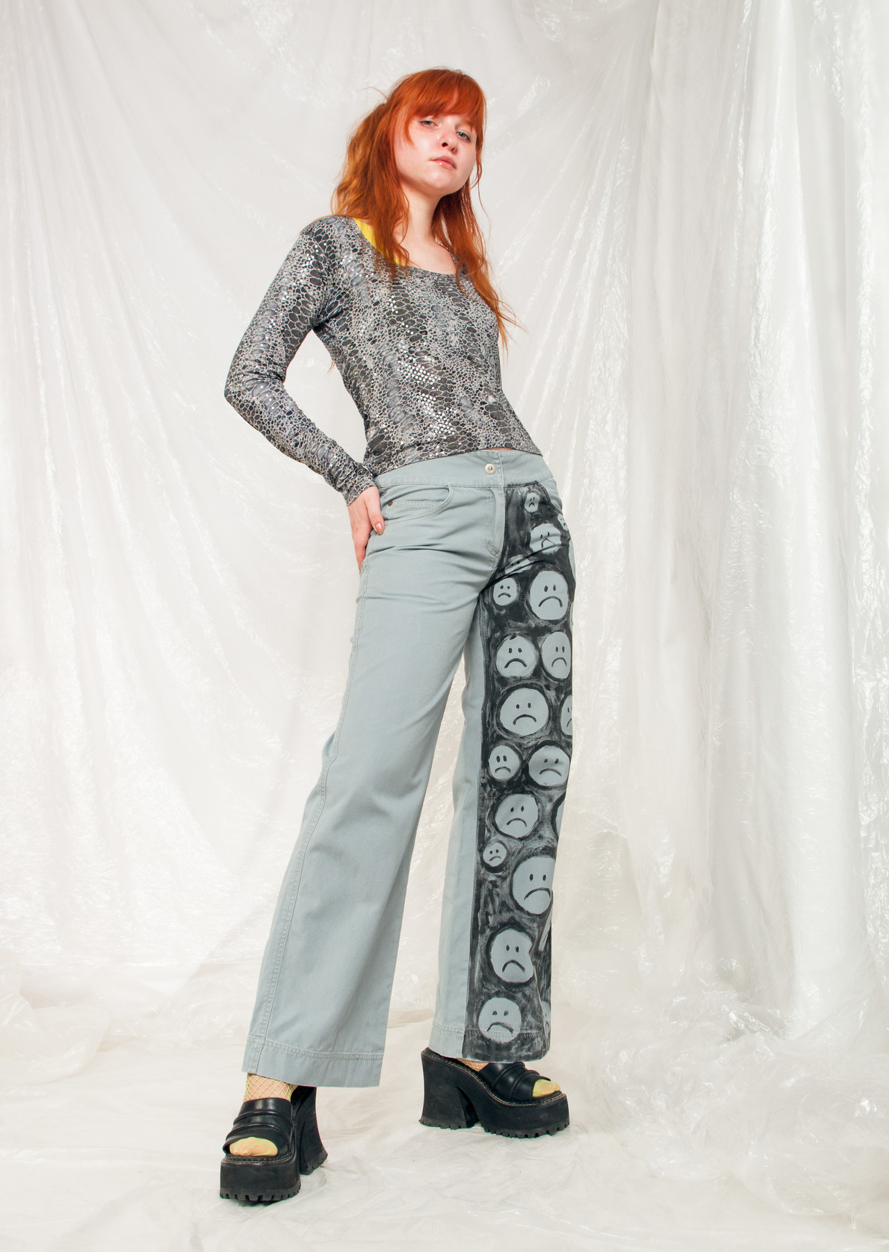 Vintage Flare Pants Y2K Reworked Weird Plant Graphic Patch Preppy
