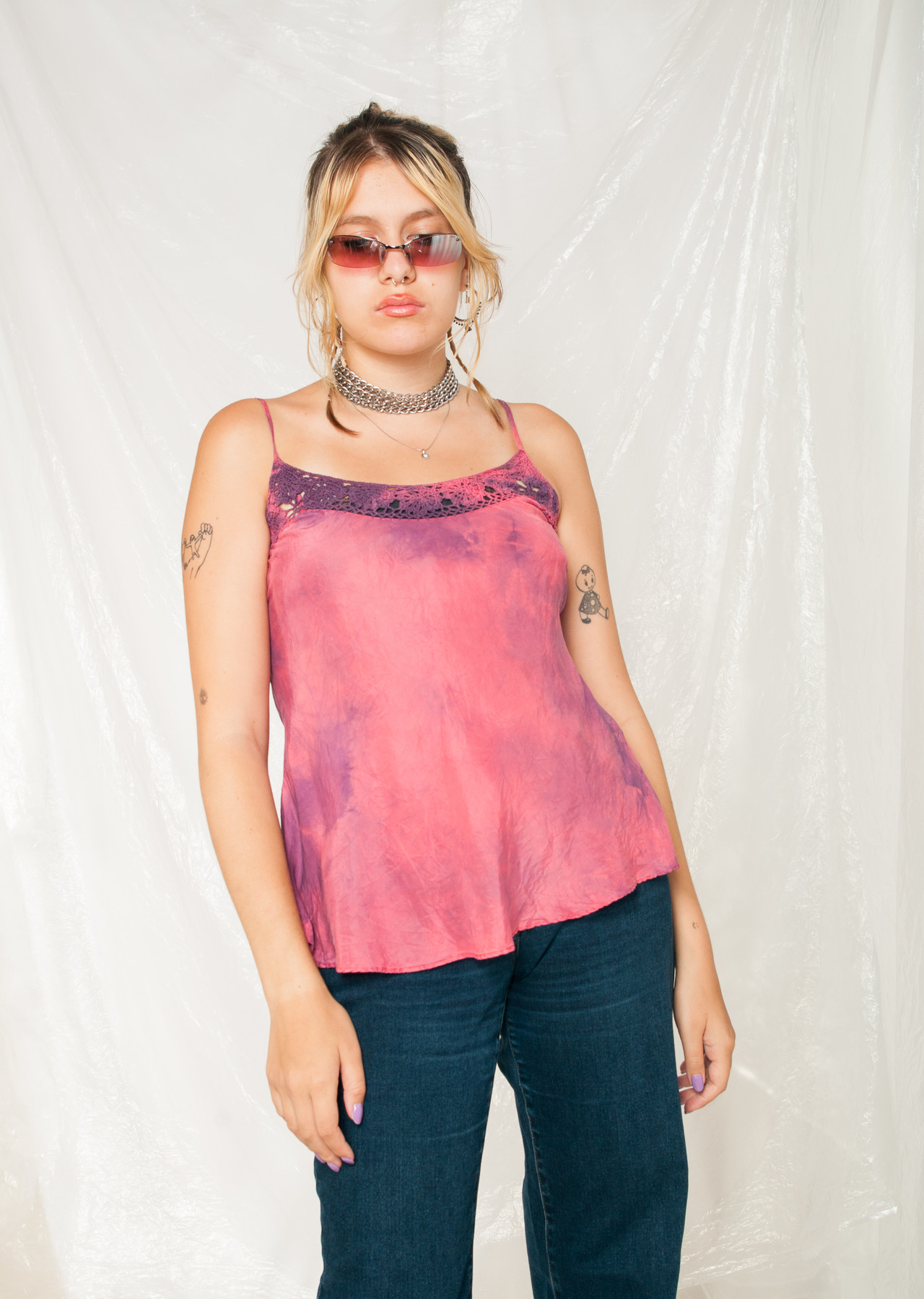 Vintage Silk Top Y2K Reworked Tie Dye Fairy Camisole In Pink Pop Sick vintage-silk-top-y2k-reworked-tie-dye-fairy-camisole-in-pink-pop-sick