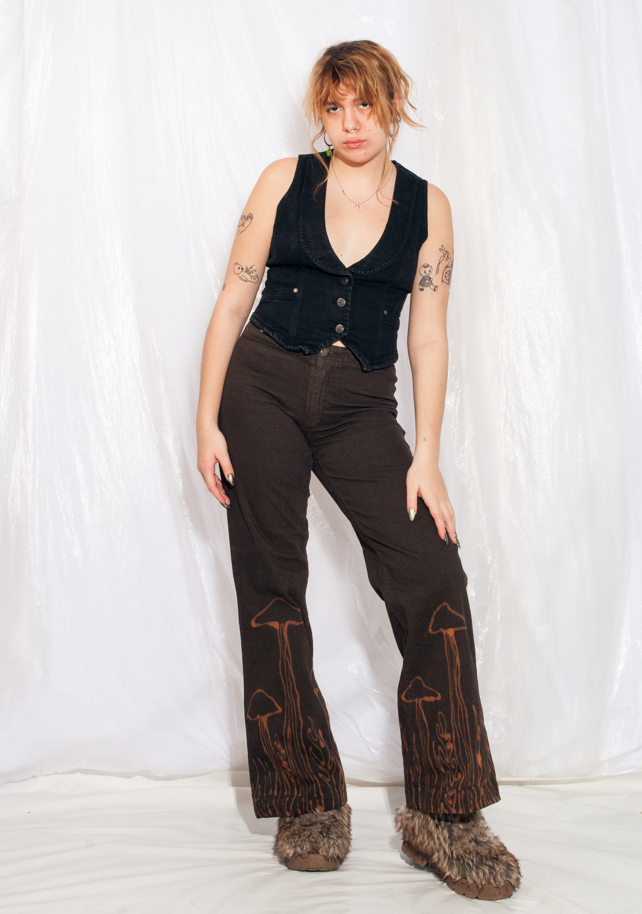 Vintage Flare Jeans 90s Y2K Reworked Mushroom Painted Pants