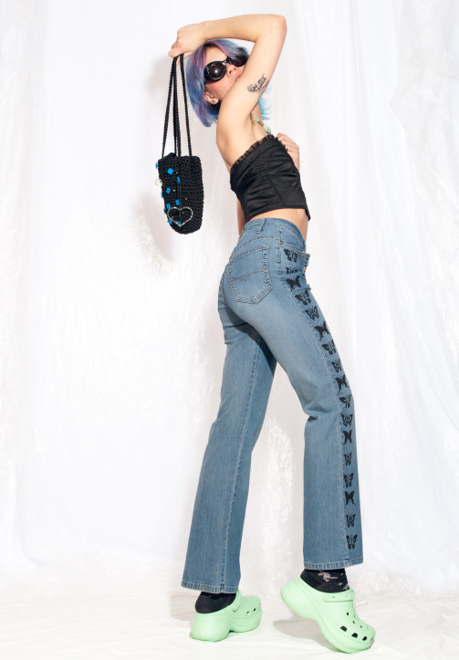 Vintage Flare Jeans Y2K Reworked Butterfly Painted Pants – Pop