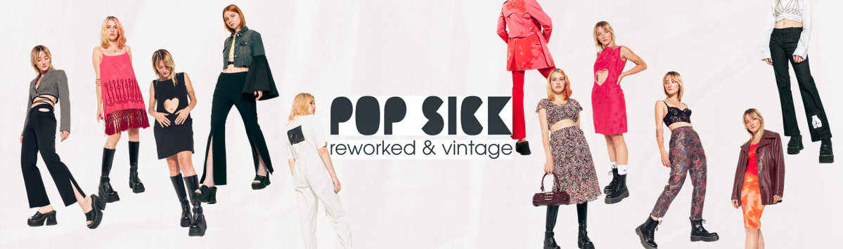 Collage with models in reworked and vintage clothes around a Pop Sick logo