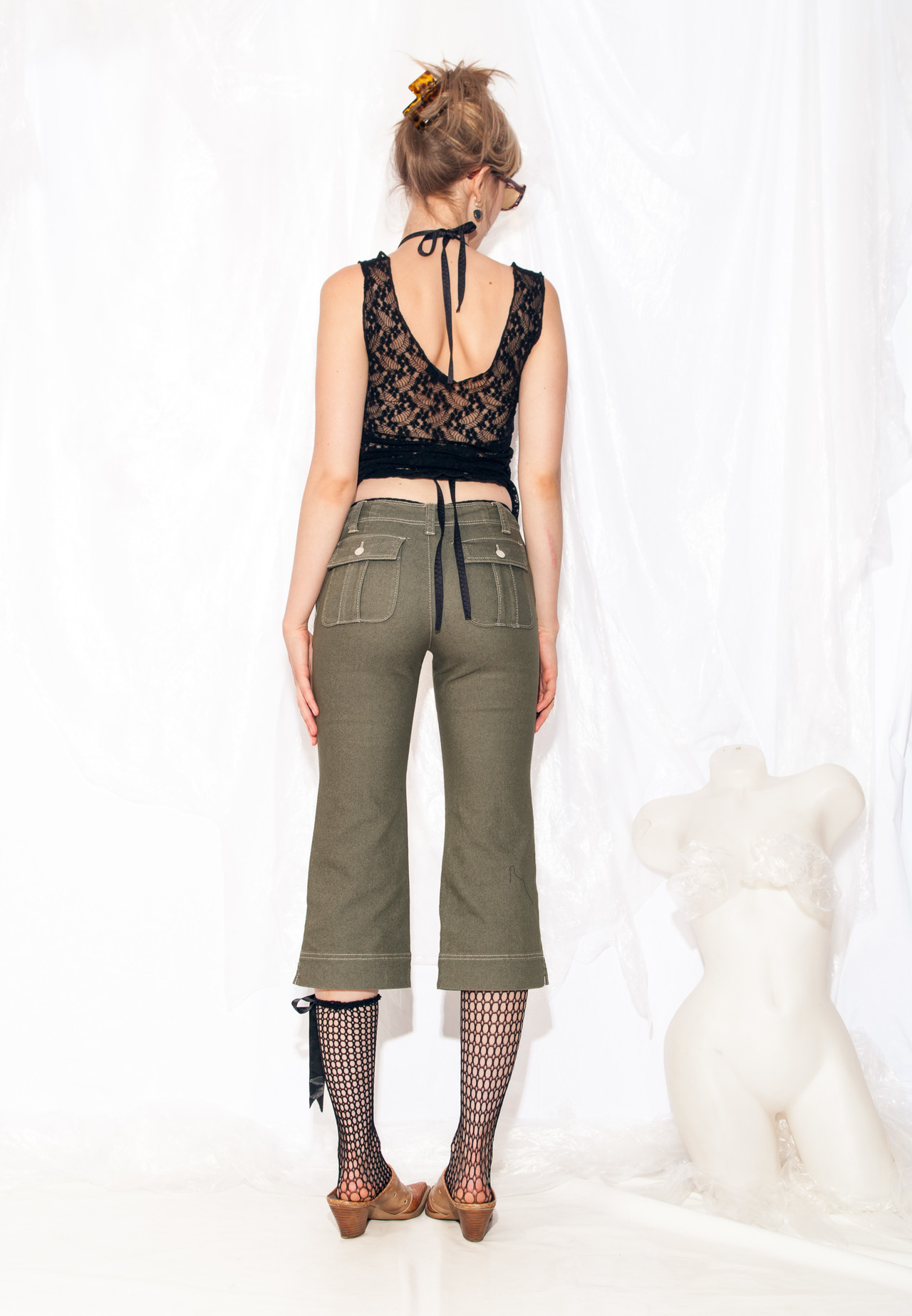 Acehomeyfit Women Gothic Punk Cargo Pants High Waist Flare