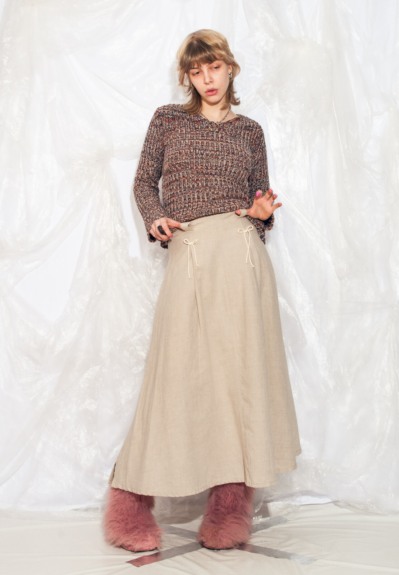 Vintage 90s Maxi Skirt in Beige Linen Reworked with Bows Pop Sick Vintage