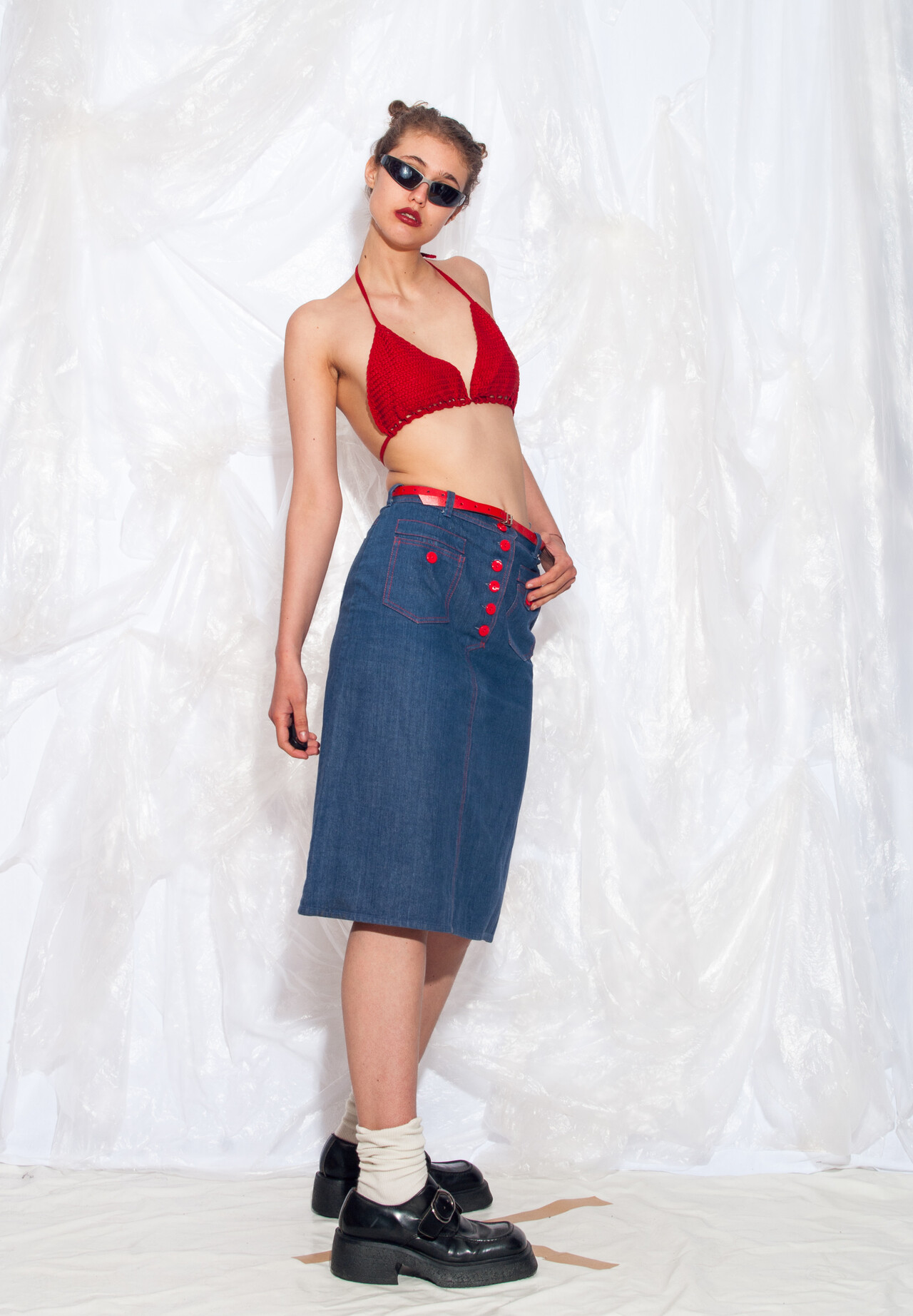 Long blue jean skirts 1970s online