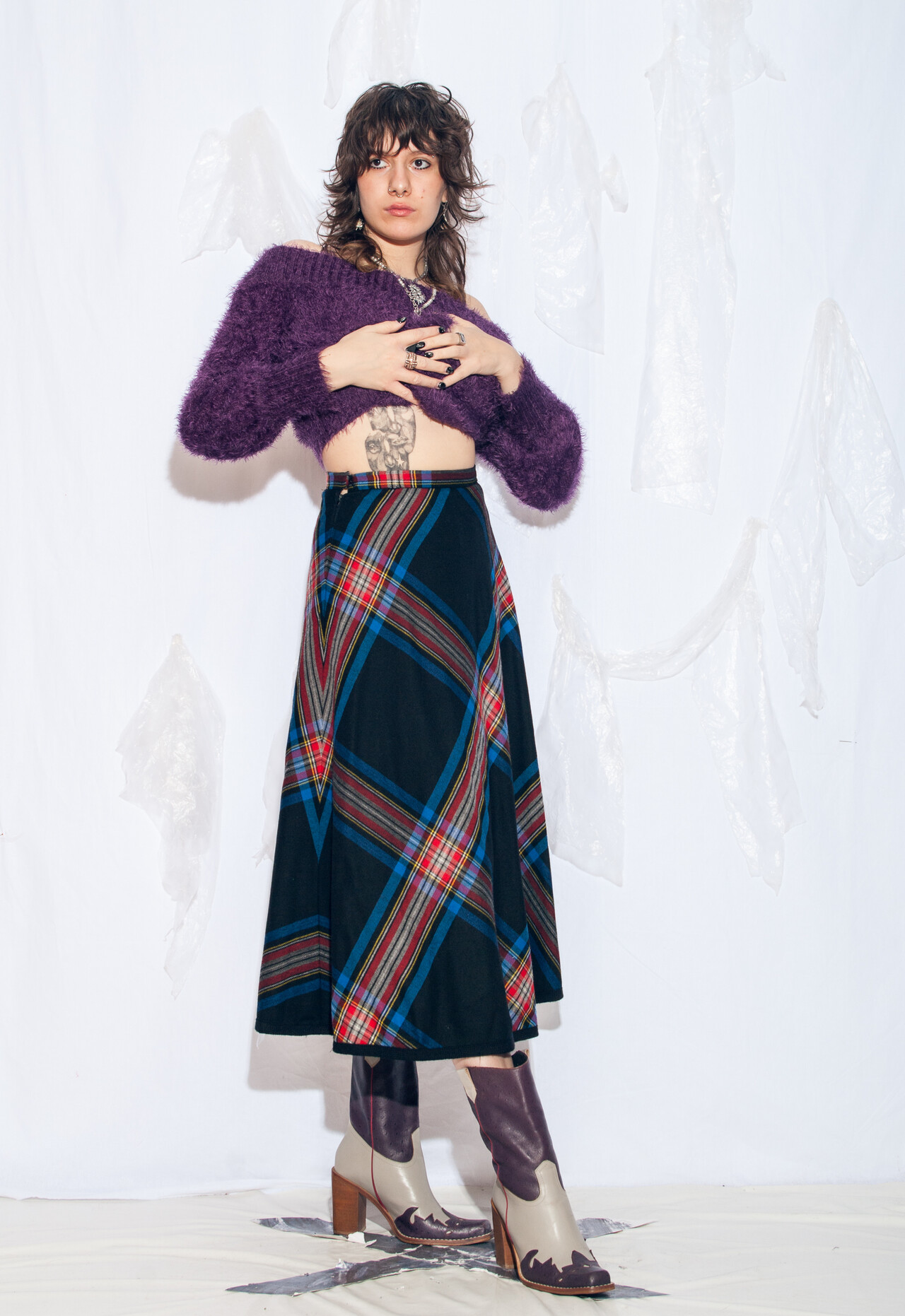 Vintage 70s Plaid Grunge Skirt in Black Wool Pop Sick Vintage