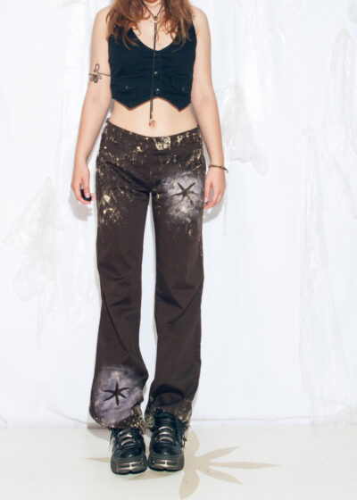 Reworked Vintage Y2K Hand Painted Flare Trousers Brown