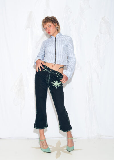 Reworked Vintage Y2K Painted Flare Capri Jeans in Green
