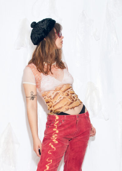 Vintage Y2K Mesh Baby Tee in Printed White and Brown