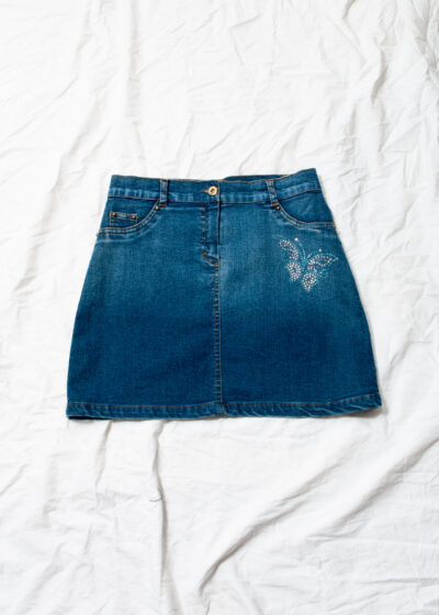 Vintage Y2K Denim Mini Skirt in Blue w Butterfly Rhinestone