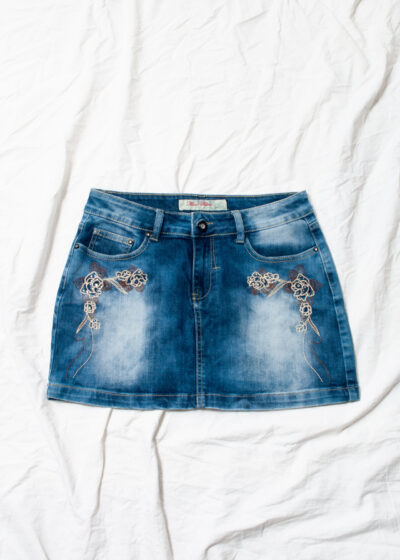 Vintage Y2K Denim Micro Skirt in Blue with Flower Embroidery