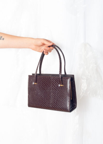 Vintage 60s Faux Snakeskin Square Handbag in Brown