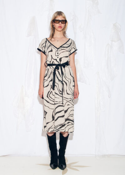 Vintage 70s Marble Print Henley Dress in Black