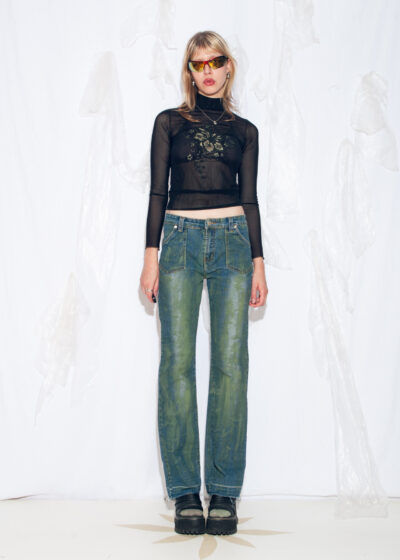 Reworked Vintage 90s Dirty Painted Flare Jeans in Green