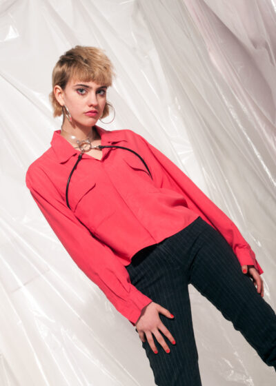 Vintage crop shirt 90s reworked pink silk short one-off blouse
