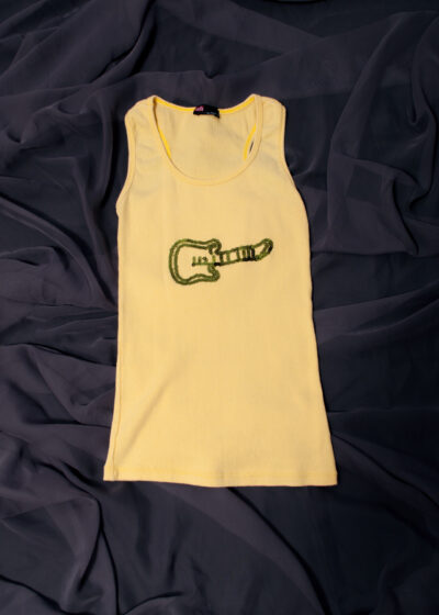 Vintage Y2K Ribbed Tank Top in Yellow w Sequin Guitar