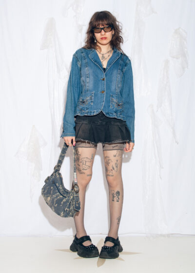 Vintage Y2K Denim Blazer Jacket w Butterfly Embroidery
