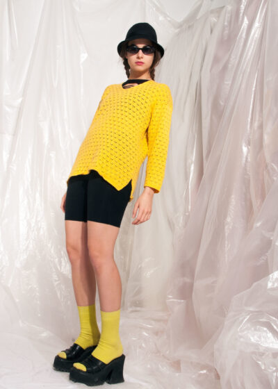 Vintage knit jumper 90s yellow openwork crocheted sweater