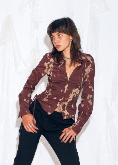 Reworked Vintage Y2K Ruch Detail Shirt in Brown