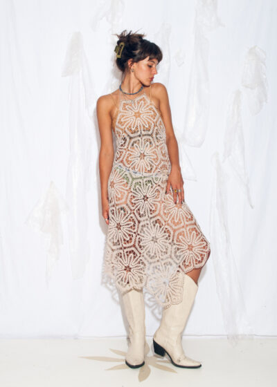 Reworked Vintage 70s Crochet Lace Dress in Beige