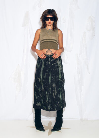 Reworked Vintage Y2K Painted Linen Skirt in Black Green