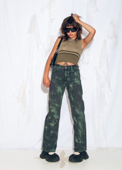 Reworked Vintage Y2K Hand Painted Jeans in Grey Green
