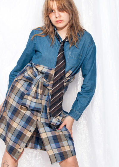 Vintage Shirt dress 90s Reworked Denim Plaid Tie Dress