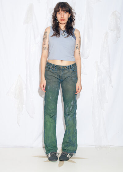 Reworked Vintage Y2K Flare Jeans in Hand Painted Blue Green