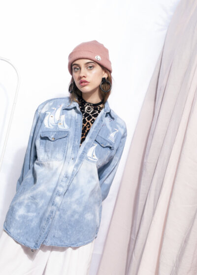 Vintage Denim Shirt 90s Reworked Tie-dye Bleach Sailboat Top