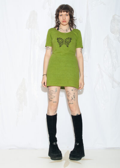 Reworked Vintage Y2K Butterfly Print Linen Dress in Green