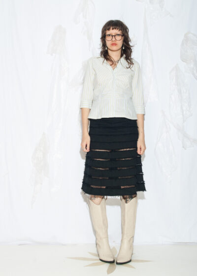 Vintage Y2K Fitted Blouse in Green and White Striped