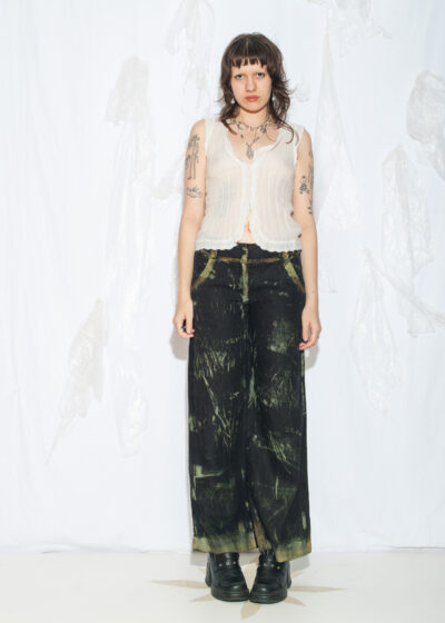 Reworked Vintage Y2K Wide-Leg Linen Pants in Painted Green