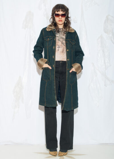 Vintage Y2K Denim Coat with Faux Fur Collar